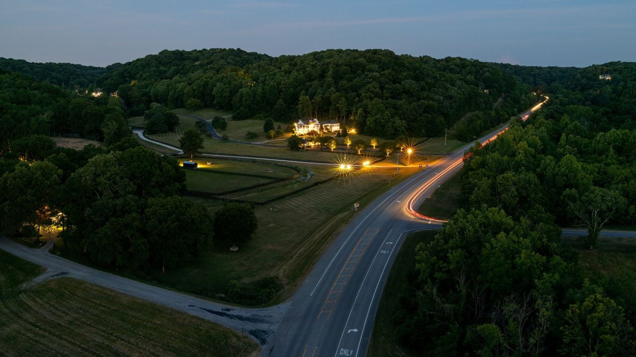 Natchez Trace Parkway Bridge looking east. Nashville Tennessee summer dusk POV.