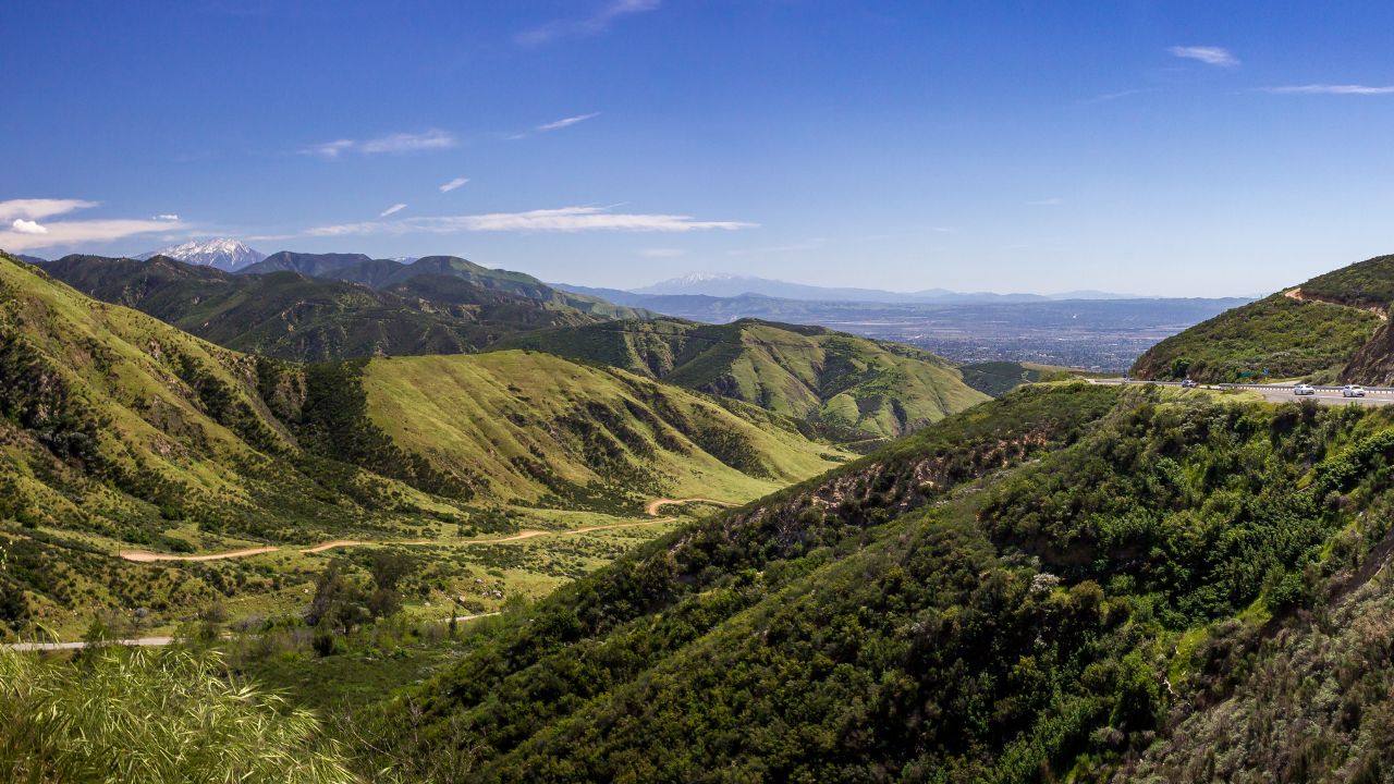 Colorful view of the San Bernardino Valley from the San Bernardino Mountains on a sunny day, Rim of the World Scenic Byway, San Bernardino County, California