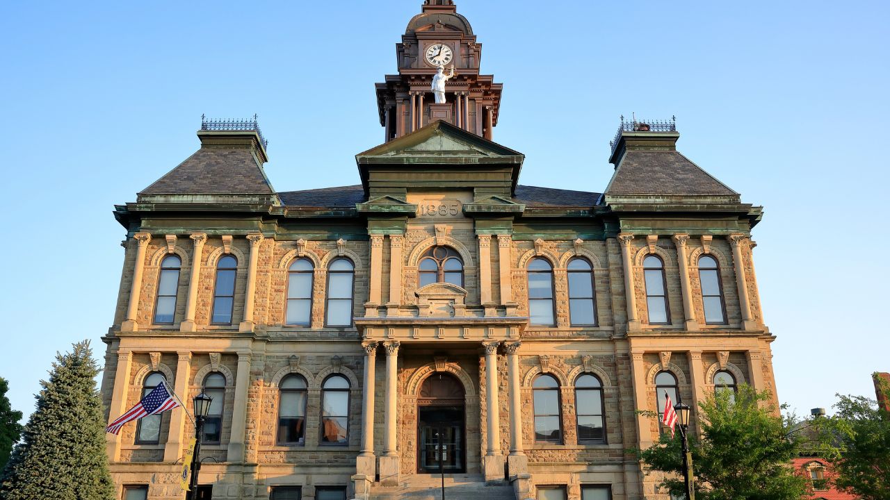 Millersburg village, Ohio - Jul 21, 2022: The Holmes County Courthouse is a historic government building in Millersburg, Ohio, United States.