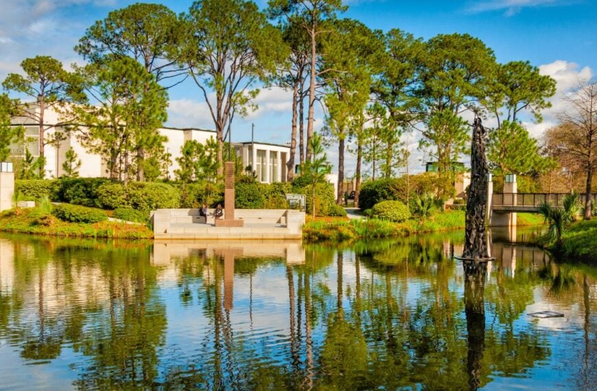 Feb.9, 2012 View of New Orleans, LA City Park's Sydney and Walda Besthoff Sculpture Gardens contains more than 50 modern and contemporary works of art by world class artists. Lagoon is on one side.