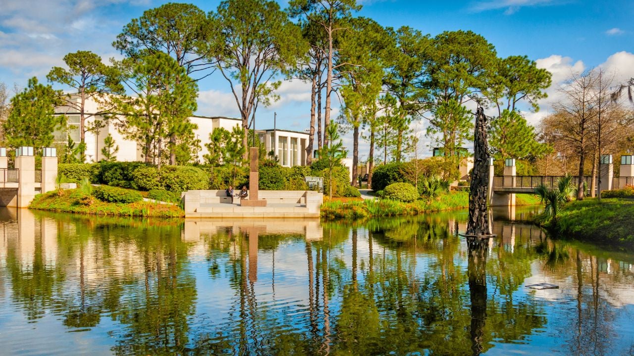 Feb.9, 2012 View of New Orleans, LA City Park's Sydney and Walda Besthoff Sculpture Gardens contains more than 50 modern and contemporary works of art by world class artists. Lagoon is on one side.