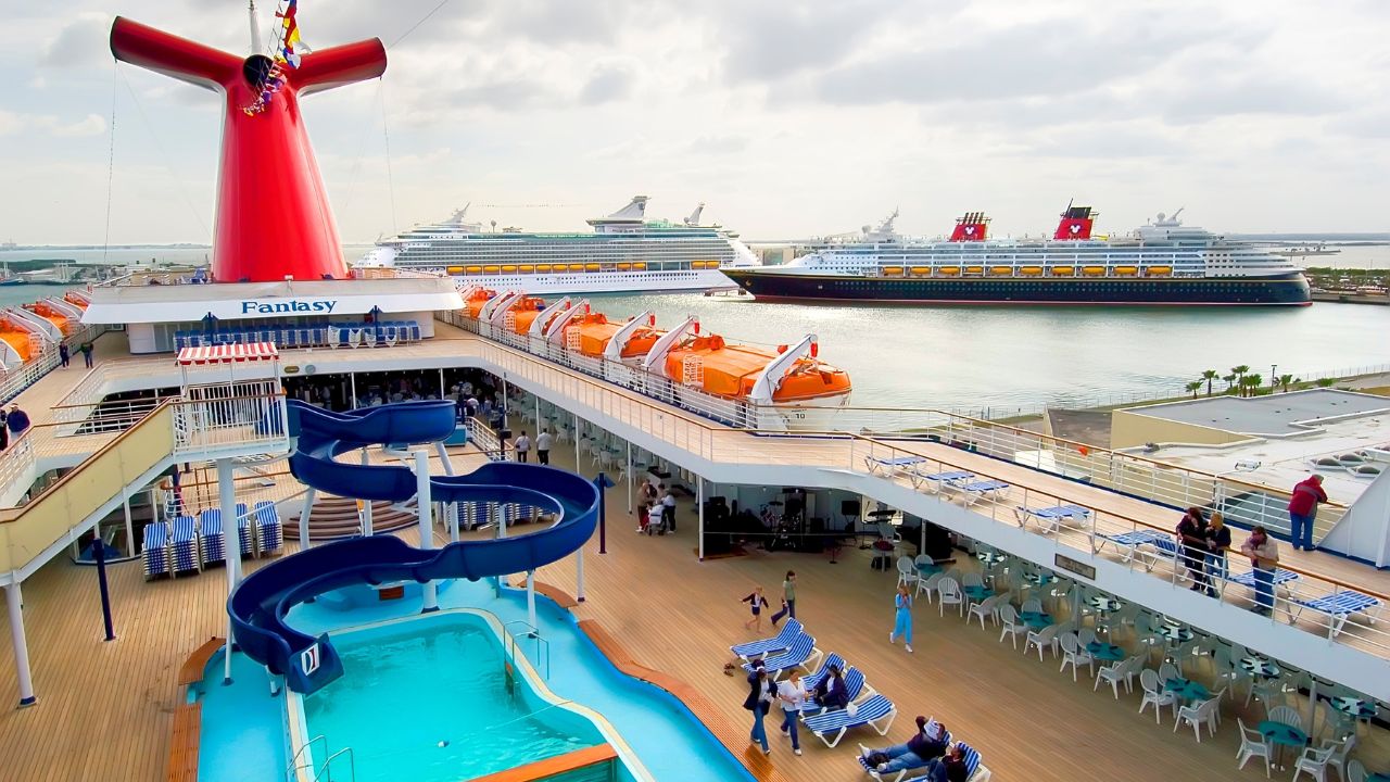 Cruise ships Carnival fantasy, and Disney Wonder, and Royal Caribbean docked at port at Freeport, Grand Bahama Island. Created 05.31.24