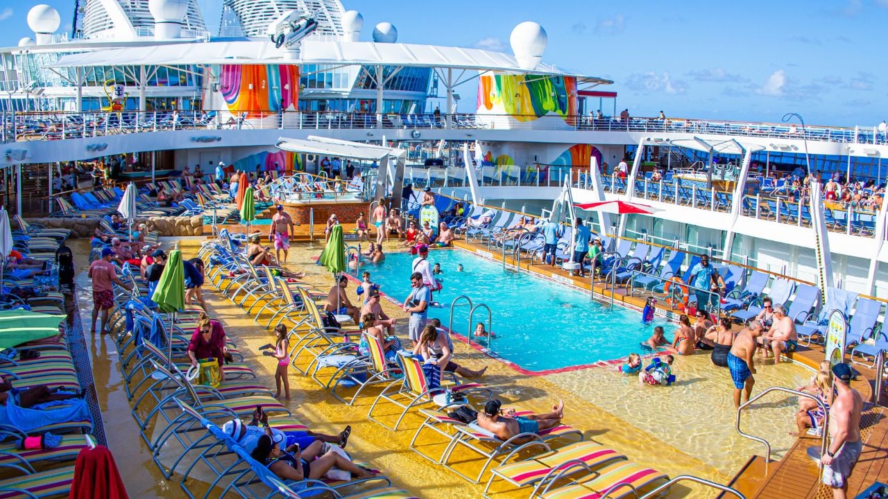 MIAMI, FLORIDA - December 10, 2018: Group led pool games, bars, outdoor fun, entertainment and innovative activities attract new cruisers every year.