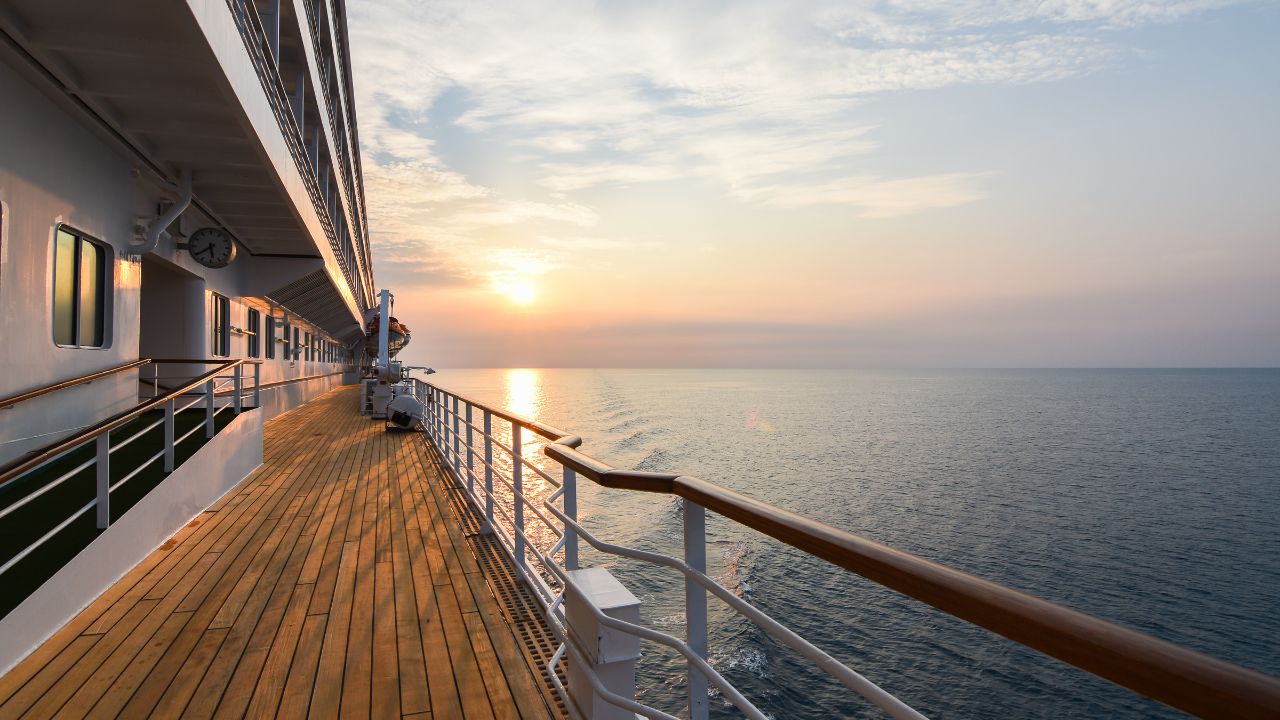 Luxury Cruise Ship Deck at Sunset.