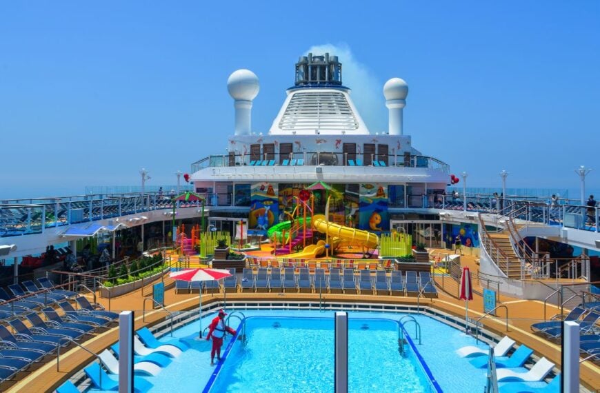 Shanghai, China - Jun 3, 2019. The central water park at cruise liner or ship Spectrum of the Seas by Royal Caribbean.