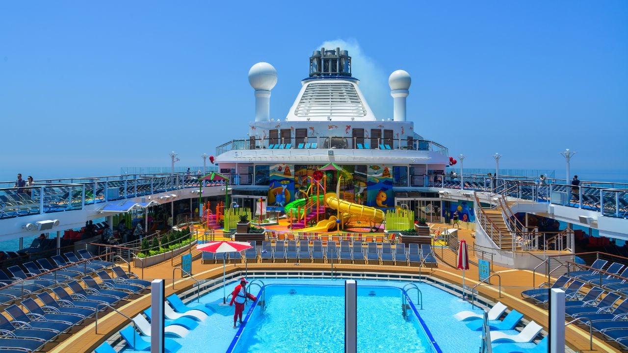 Cruise-ship pool deck and waterslides.