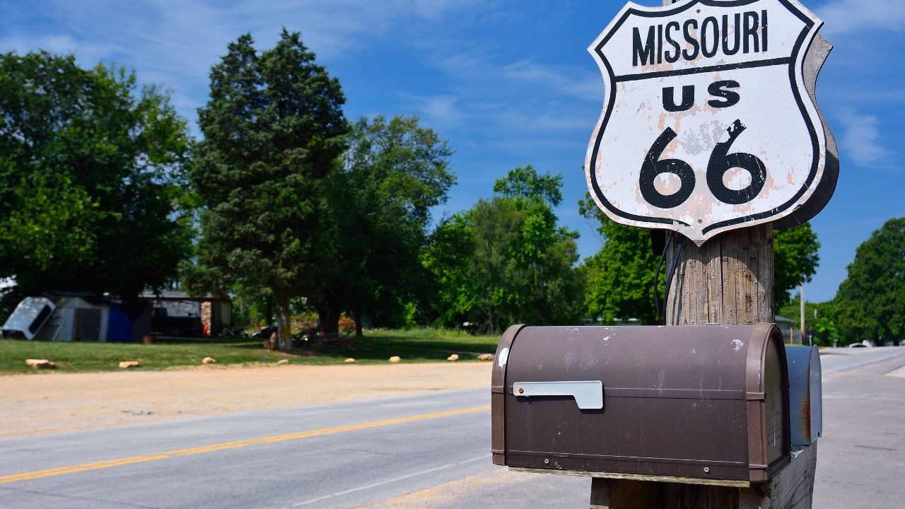 Historic route 66 highway sign in Missouri, USA.