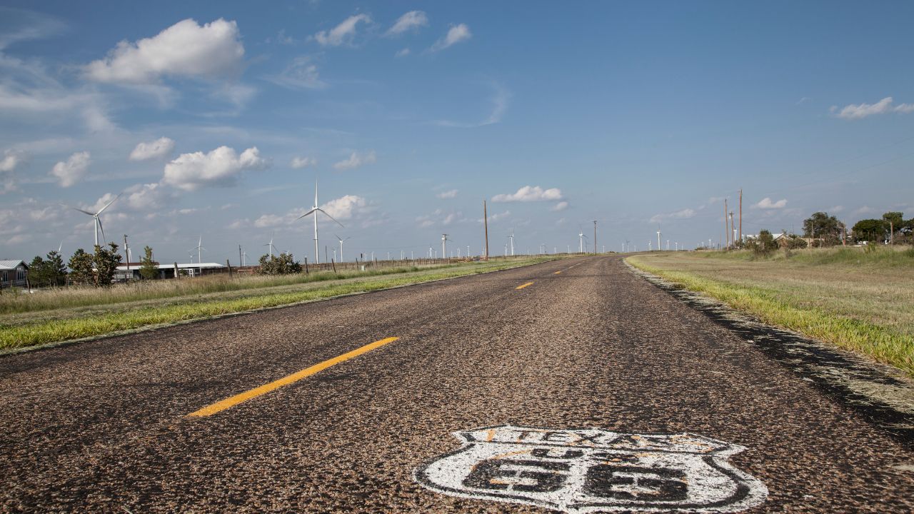 painted Route 66 shield on Texas highway