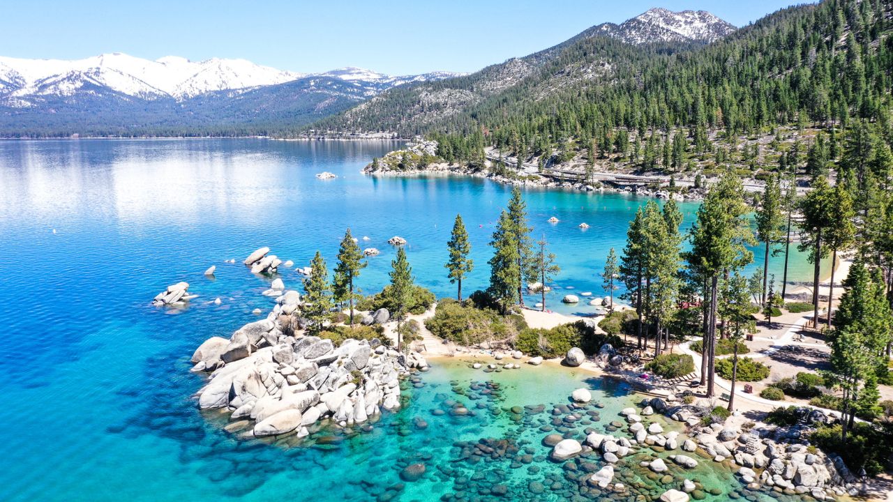 Lake Tahoe shoreline from above.