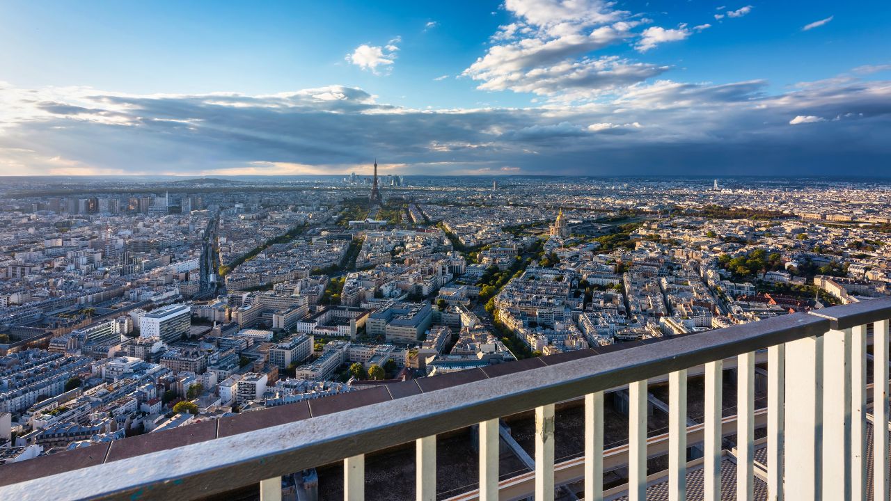 Panorama of Paris city from the Tour Montparnasse at sunset. France