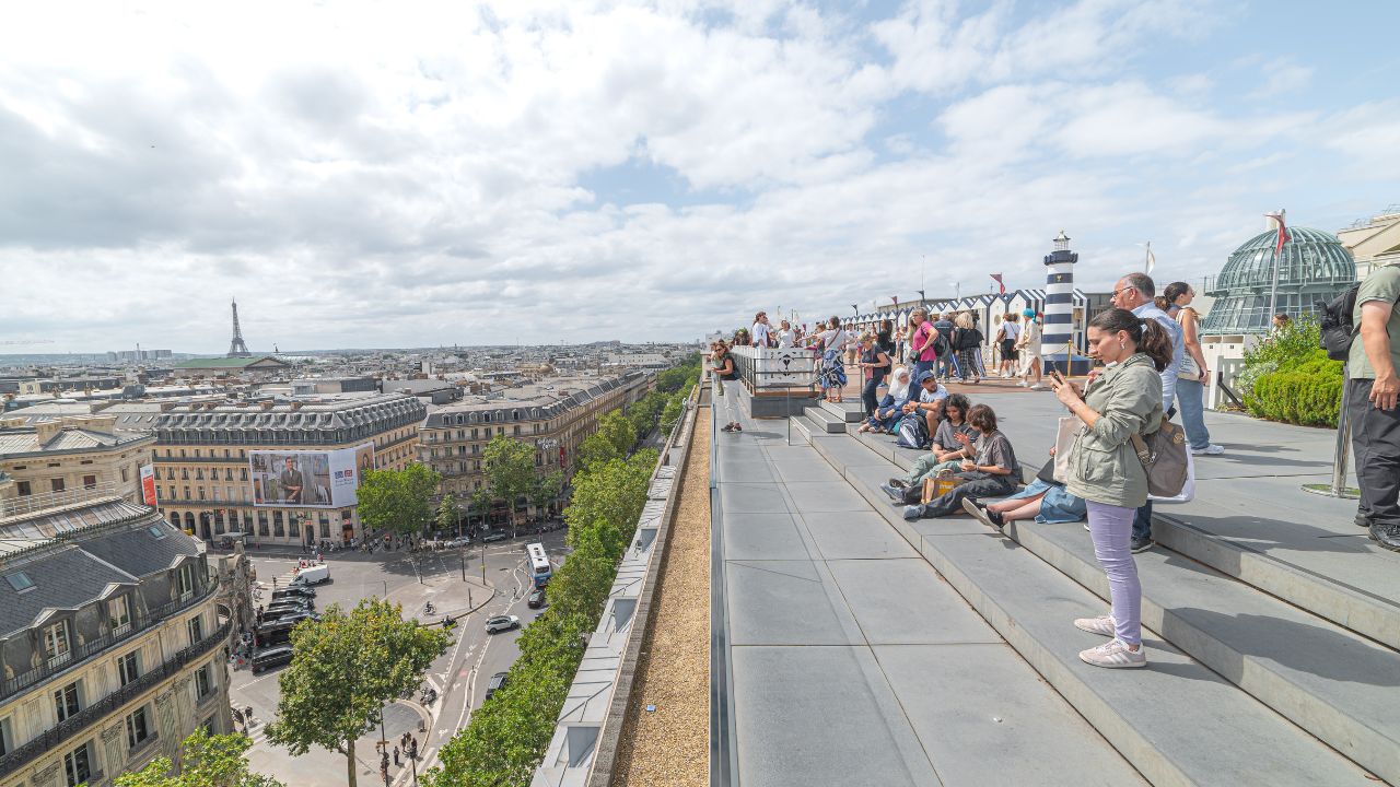 Paris, France. July 23, 2024. Galeries Lafayette rooftop observation deck with views of Paris from above.