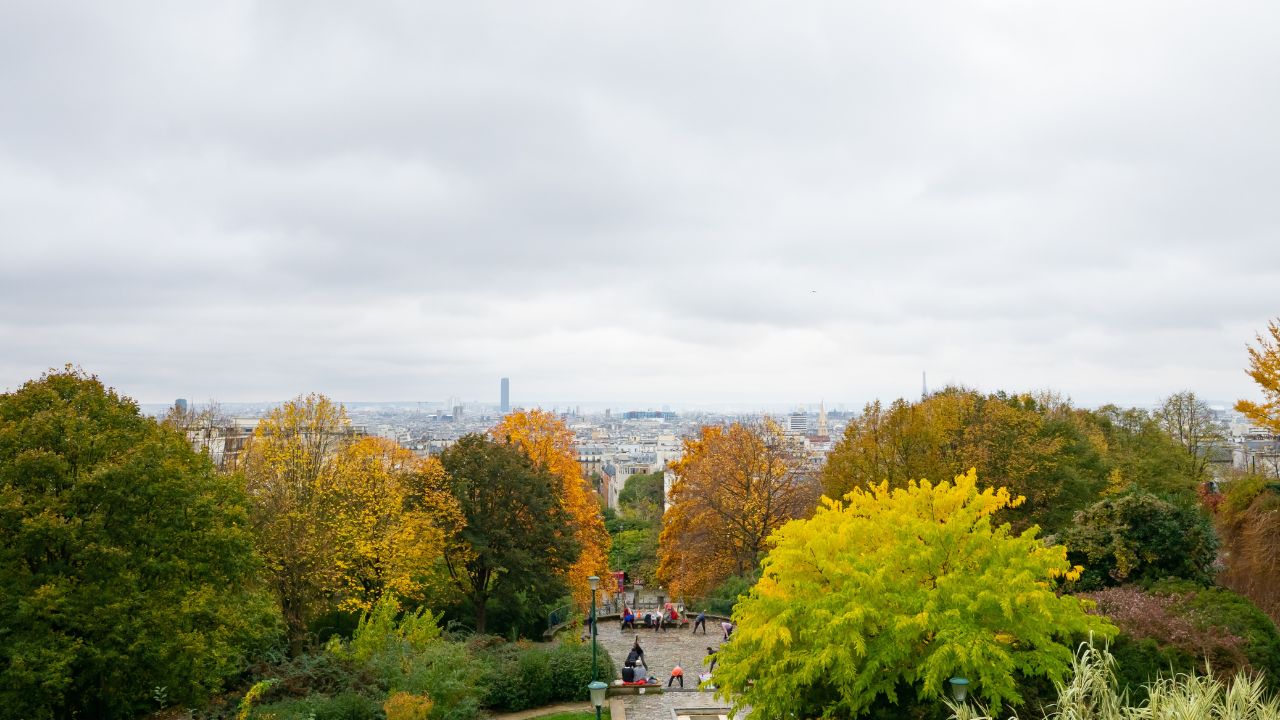 Paris, France - November 14th 2021: View from Belvedere de Belville over the park and the city