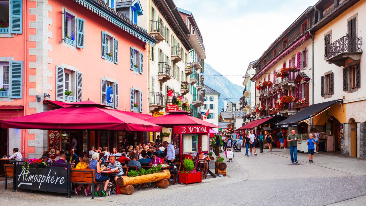 CHAMONIX, FRANCE - JULY 18, 2019: Cafe in Chamonix city centre. Chamonix Mont Blanc is a commune and town in south eastern France.