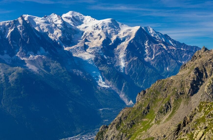 Mont Blanc, Monte Bianco mountain summit snow dome above the Chamonix valley in France. Highest peak in Europe in the Alps, alpice scenic view of Montblanc