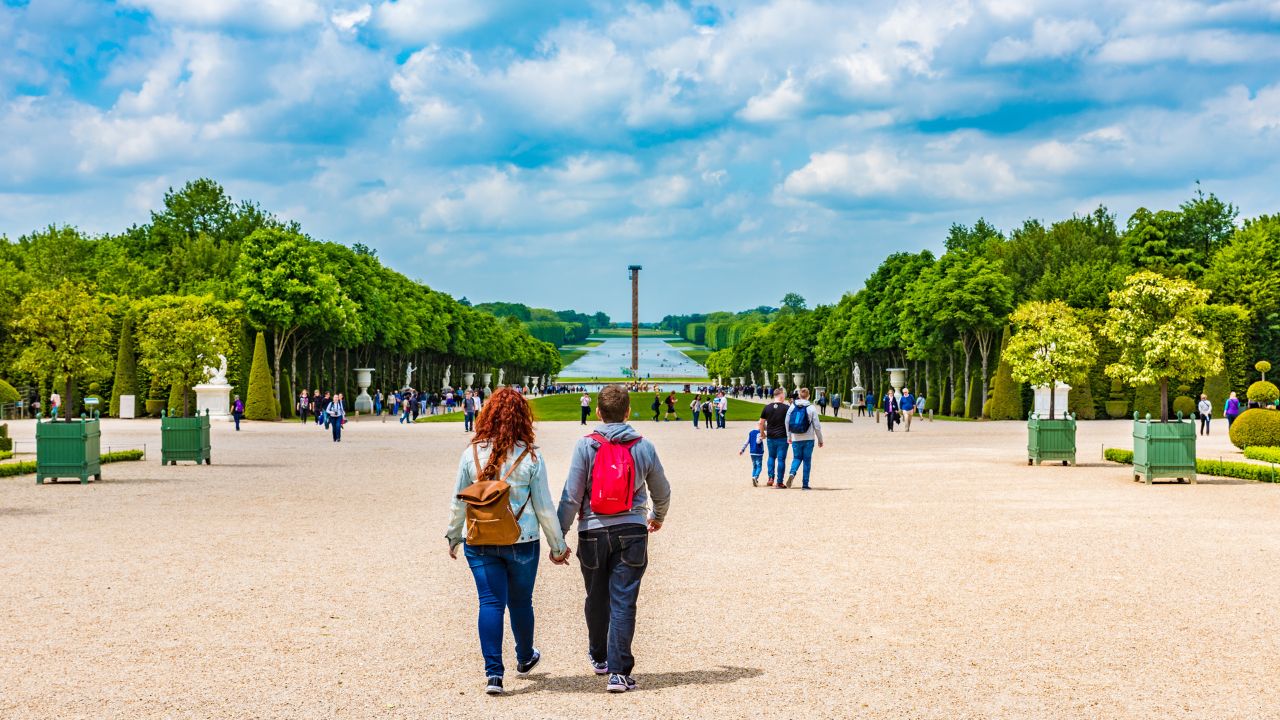 VERSAILLES, FRANCE - MAY 25, 2016: Landscape of the Royal Palace of Versailles in the Ile-de-France region of France. The Royal Palace of Versailles is on the UNESCO World Heritage List.