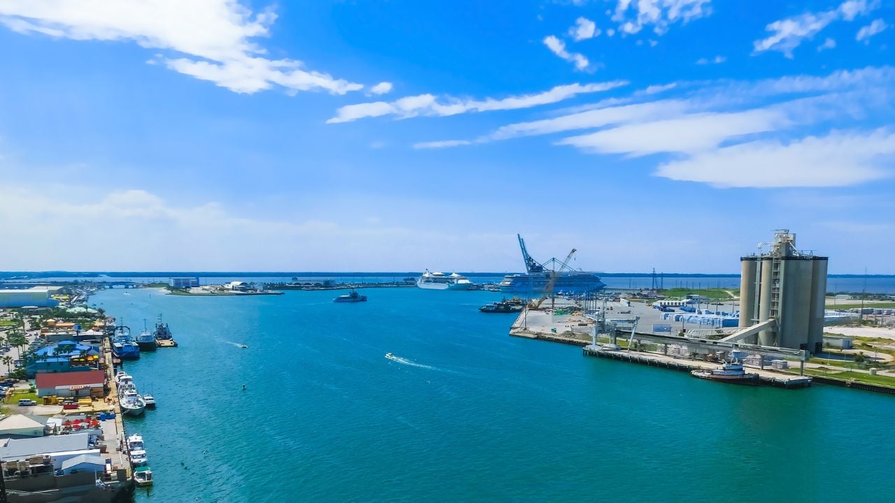 Cape Canaveral, USA. The arial view of port Canaveral from cruise ship, docked in Port Canaveral, Brevard County, Florida