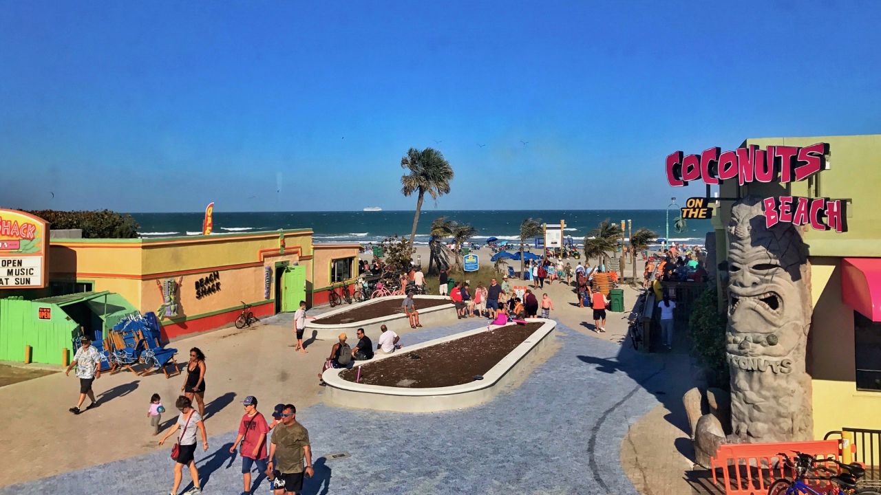 Cocoa Beach, FL /United States - June 11, 2019: Aerial View of Downtown Cocoa Beach Bar/Restaurants