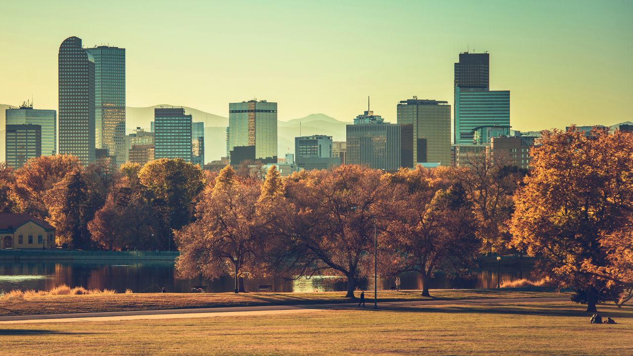 Denver Colorado Fall Time Skyline. United States of America. Downtown and the Rocky Mountains Front Range.