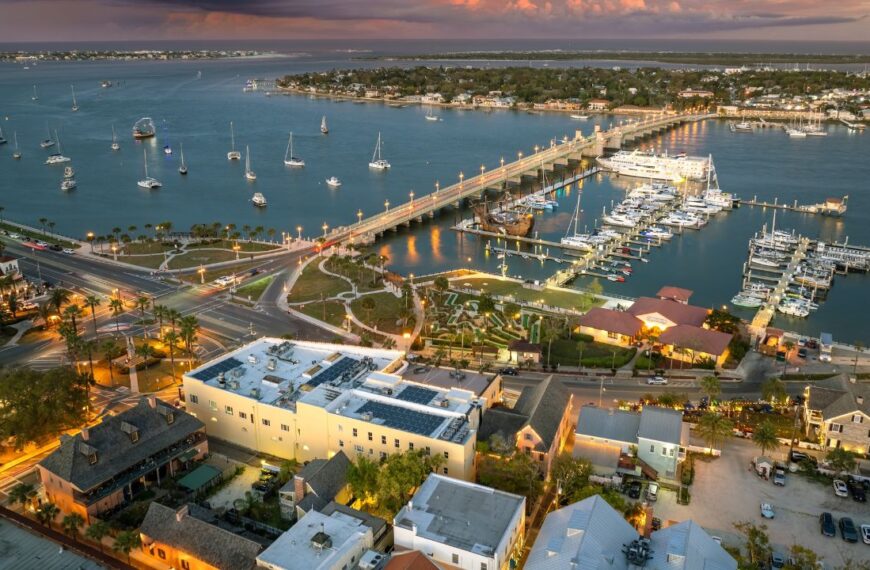 St. Augustine, Florida. American architecture with illuminated city streets and historical buildings at night. USA travel destination