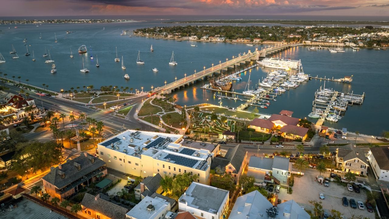 St. Augustine, Florida. American architecture with illuminated city streets and historical buildings at night. USA travel destination