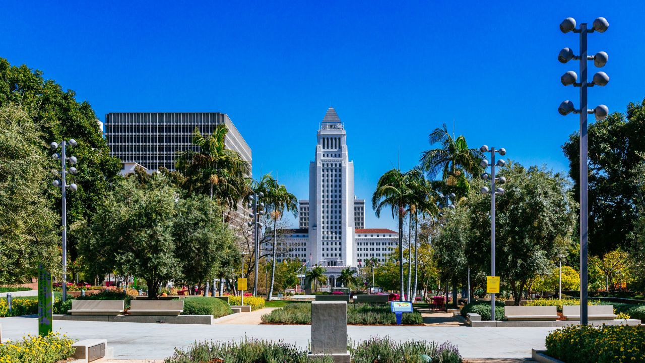 Los Angeles City Hall viewed from Grand Park, in Downtown Los Angeles, California, USA