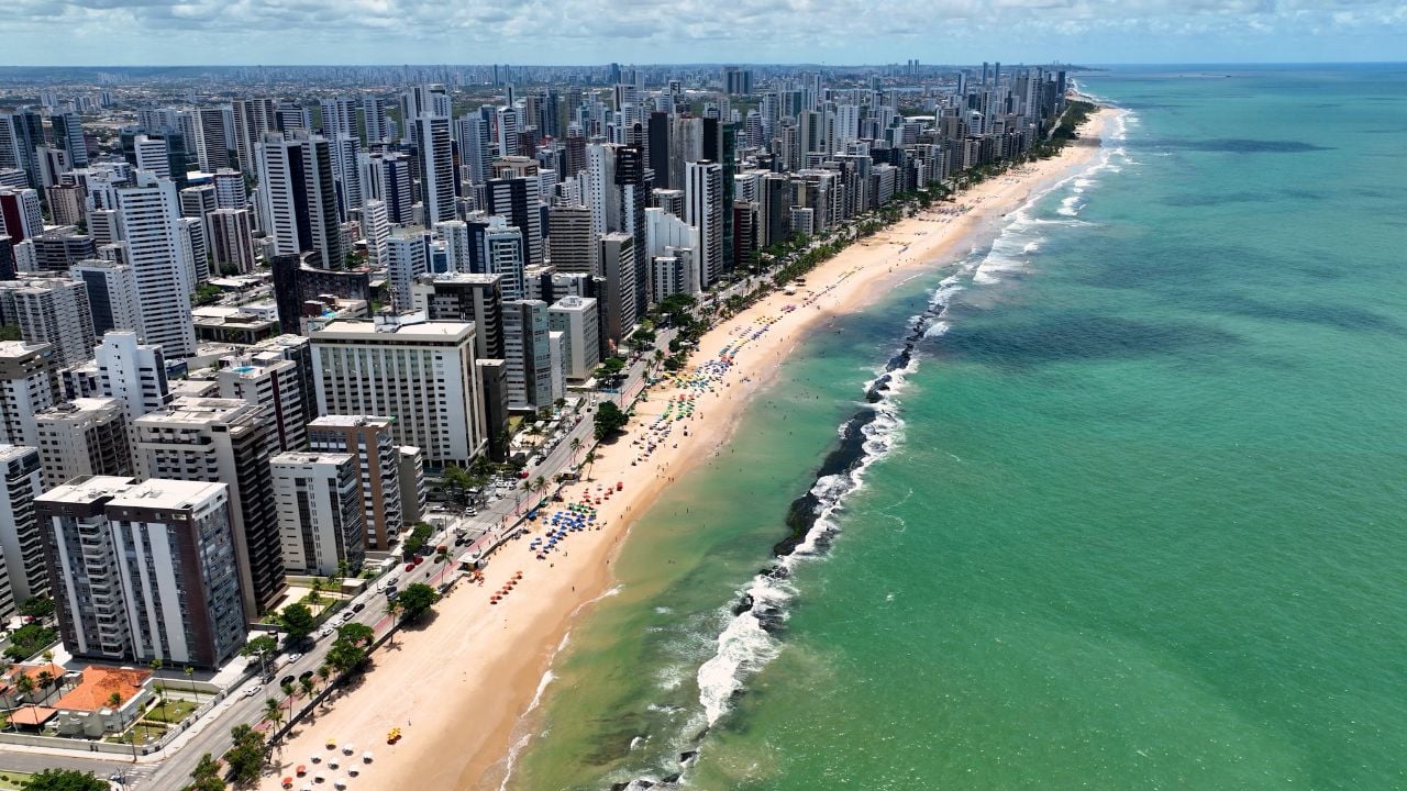 Recife, Pernambuco, Brazil - 08.15.2023 - Boa Viagem Beach At Recife In Pernambuco Brazil. Cityscape Landscape. Downtown Background. Urban District. Metropolis Buildings.