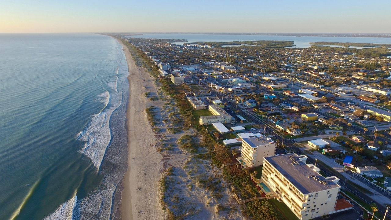 Aerial view of the Space Coast featuring downtown Cocoa Beach, Florida
