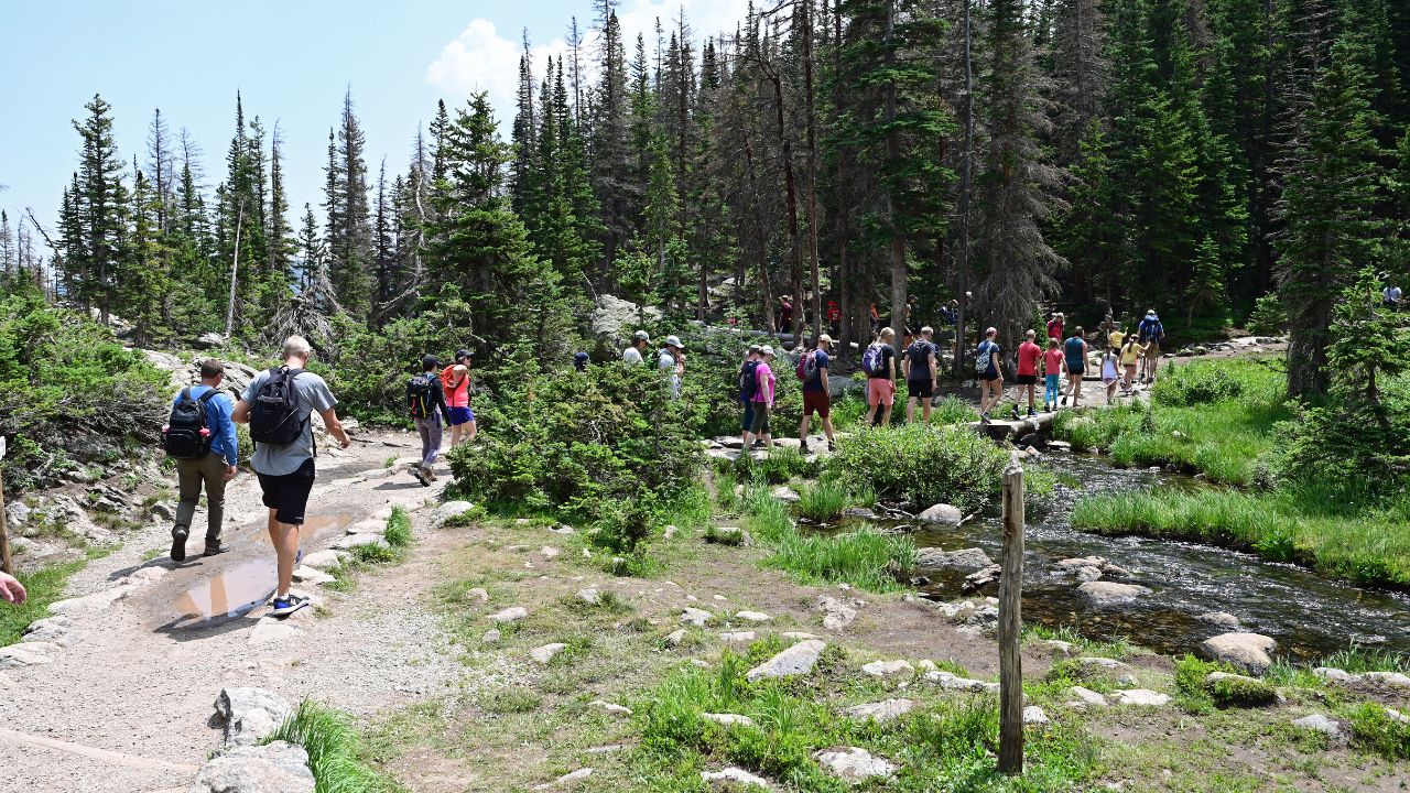 Rocky Mountain National Park, Colorado - July 26, 2021 - Visitors hike on crowded Emerald Lake Trail on sunny summer morning.
