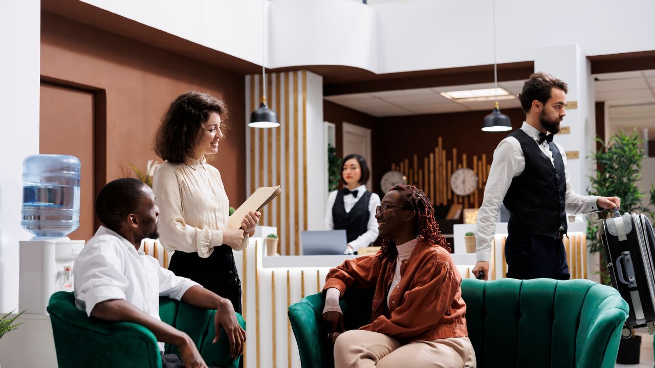 Woman welcoming hotel guests in lobby, providing excellent luxury service to people at resort. Young manager discussing about staff and accommodation with tourists, giving advice.