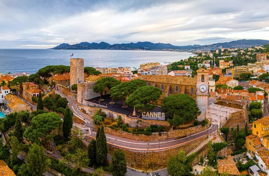 Aerial view of Cannes, a resort town on the French Riviera, is famed for its international film festival, France