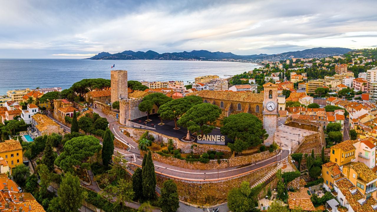 Aerial view of Cannes, a resort town on the French Riviera, is famed for its international film festival, France