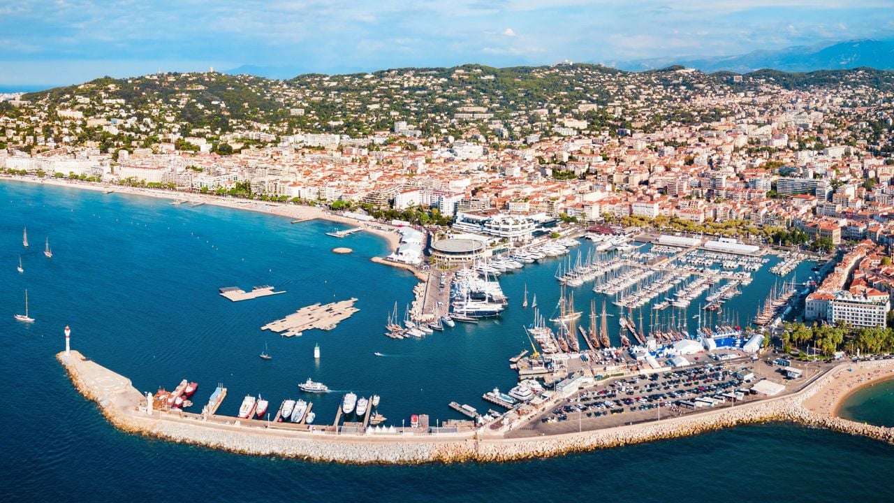 Cannes aerial panoramic view. Cannes is a city located on the French Riviera or Cote d'Azur in France.