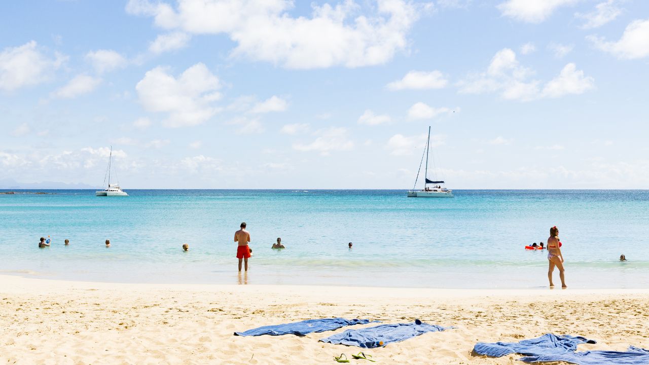 Les salines, Martinique - April 8, 2017. Tropical beach with with sand and blue sea, with people in and near the water.