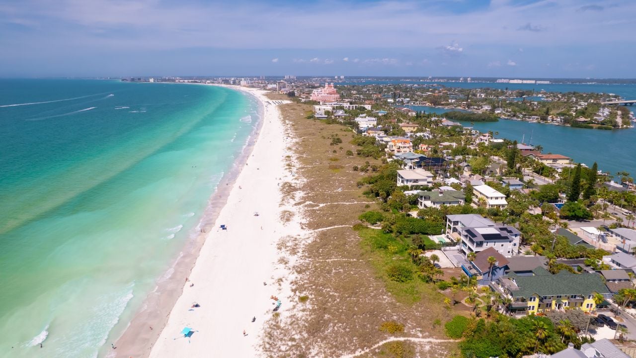 Beachfront hotels and shoreline in Clearwater Beach, Florida.