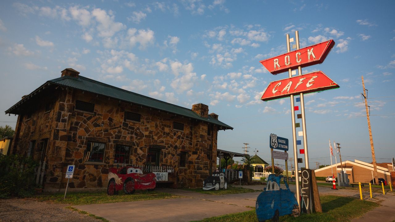 Stroud, Oklahoma - September 8, 2020: Morning light at the Rock Cafe on old Route 66.