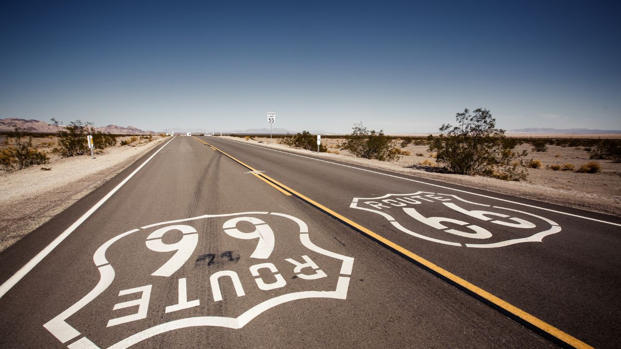 Famous Route 66 landmark on the road in Californian desert