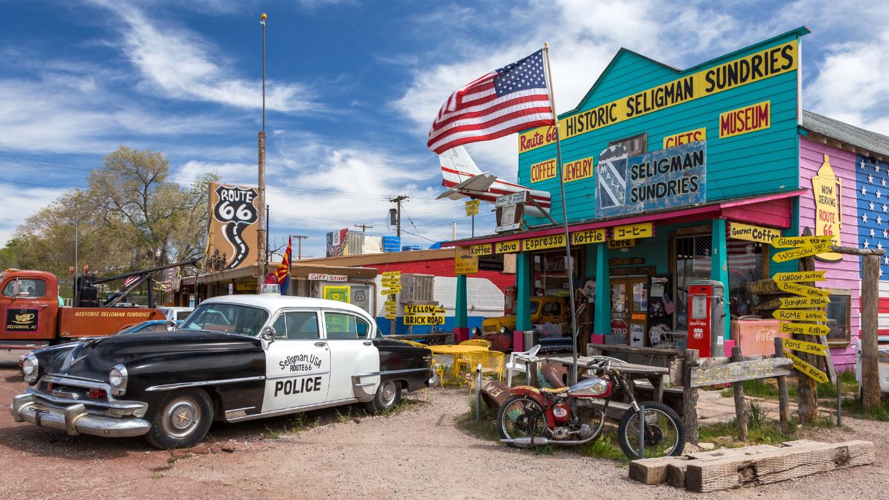 Hackberry, Arizona USA - April 20 2023: Old rusty cars on historic Route 66.