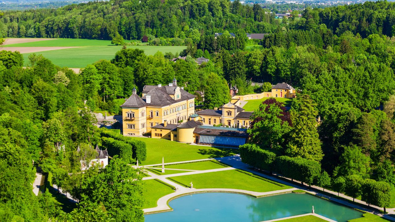 Hellbrunn Palace or Schloss Hellbrunn in Salzburg, Austria. Hellbrunn Palace is an early Baroque villa of palatial size in a southern district of the Salzburg city.