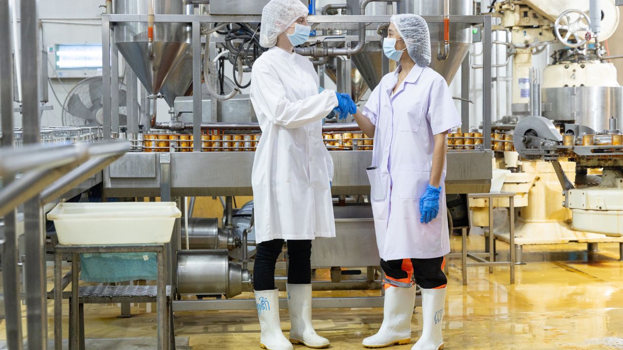 Two workers in protective clothing, hairnets, gloves, and boots shake hands inside a food processing facility, standing near an automated canning production line.