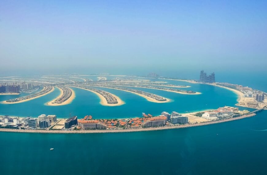 Dubai, UAE-May 10, 2019 ; Aerial view from helicopter of the Palm Jumeirah Beach.