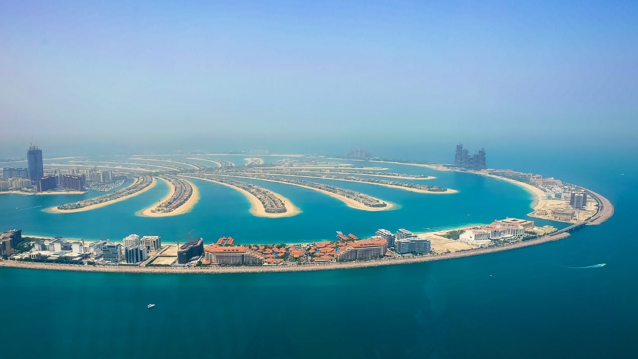 Dubai, UAE-May 10, 2019 ; Aerial view from helicopter of the Palm Jumeirah Beach.