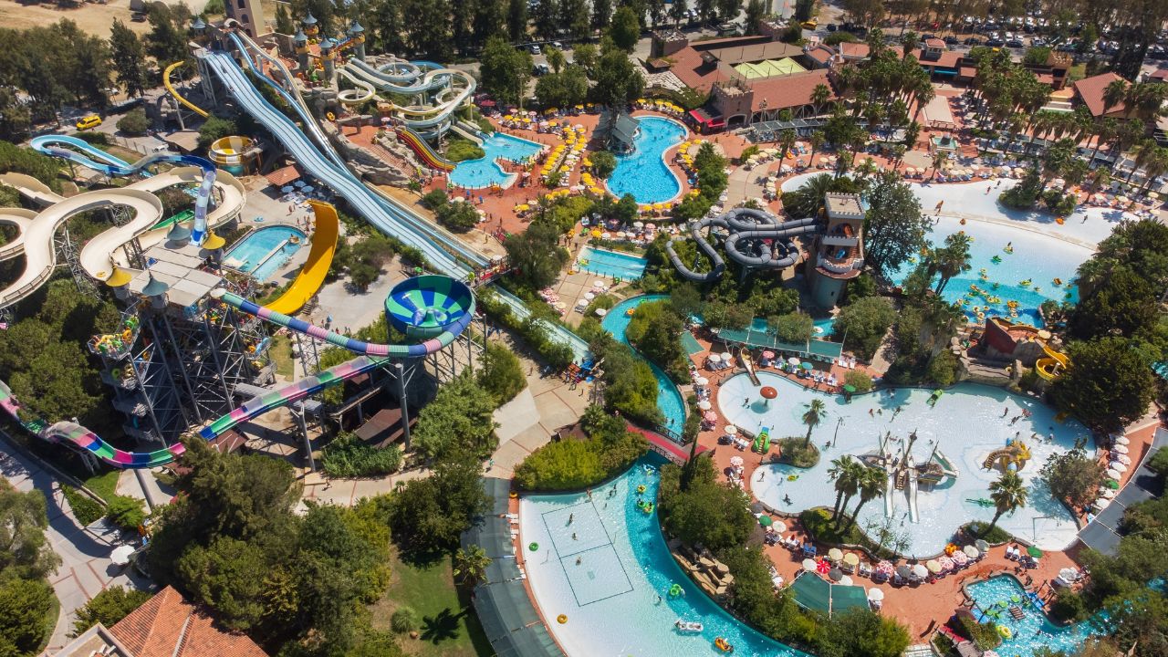 aerial image of a large Water park with various slides and pools