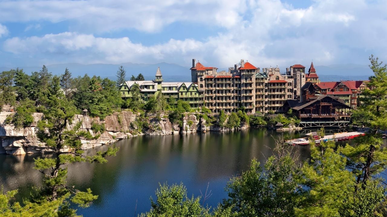 View of historic Mohonk Mountain House, a luxury resort in the Shawangunk Mountains in New Paltz, New York