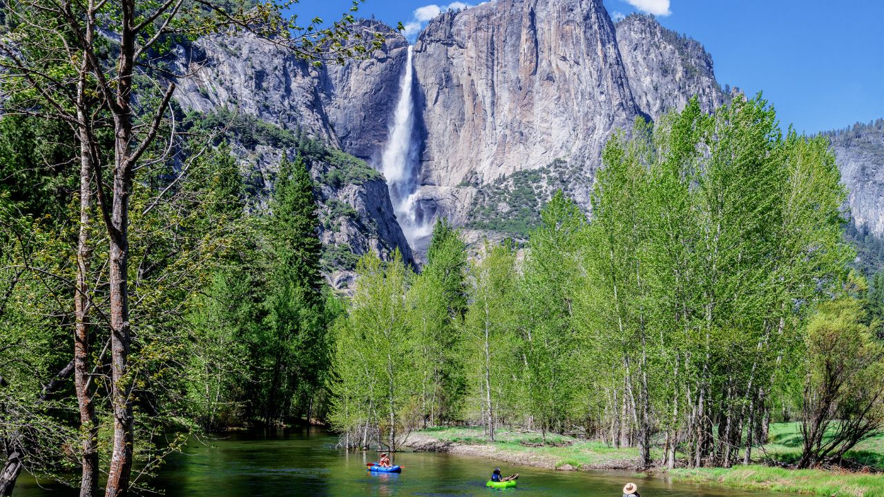 Yosemite National Park 2021 05 05 Rafting the Merced River as seen from the Swinging Bridge Yosemite Valley.