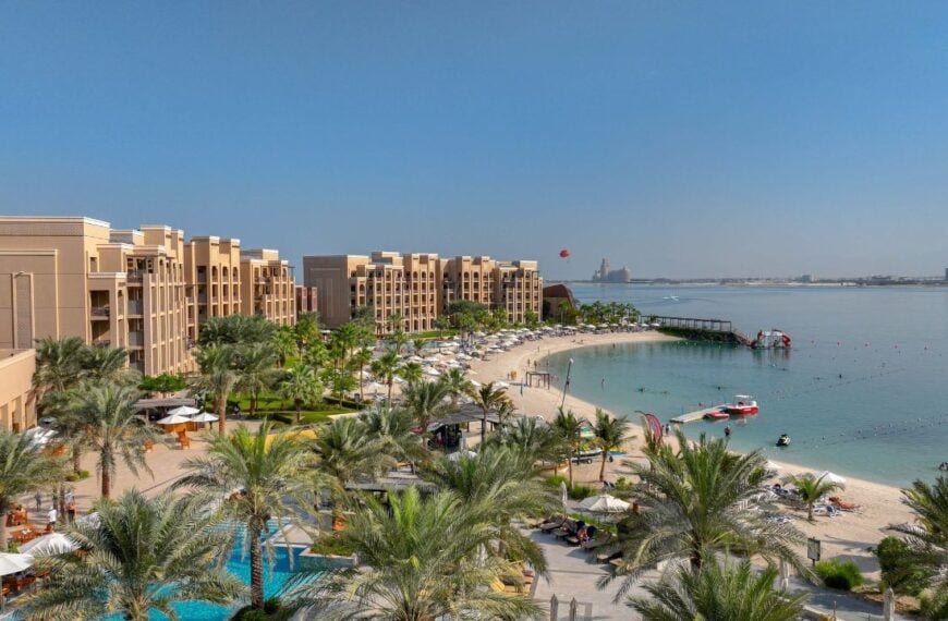 Al Marjan Island Ras Al Khaimah, United Arab Emirates - Dec 13, 2023 - luxury hotel aerial sea view and architecture drone shot