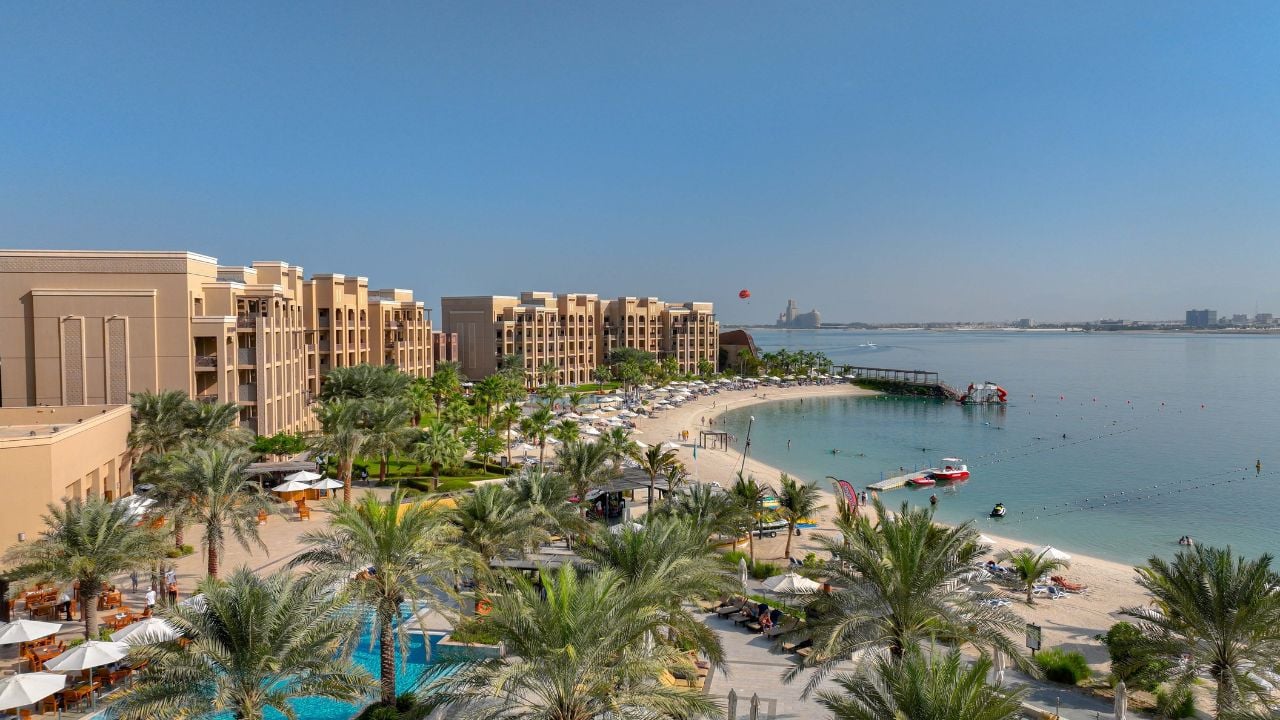 Al Marjan Island Ras Al Khaimah, United Arab Emirates - Dec 13, 2023 - luxury hotel aerial sea view and architecture drone shot