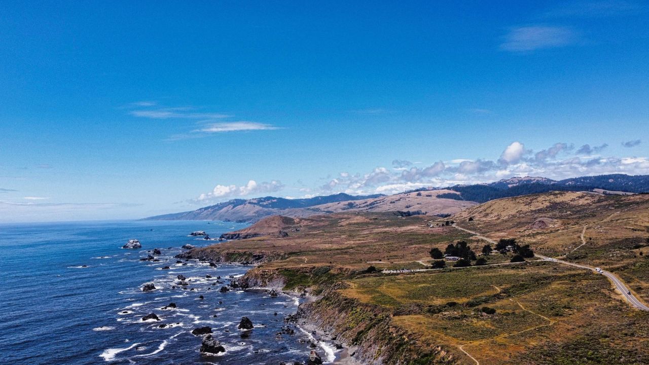 A drone shot of the rocky Goat Rock Beach under the blue sky in Jenner, California, USA