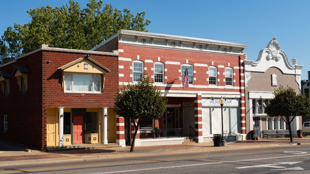 Pella, Iowa - United States - September 17th, 2024: Downtown building and storefront in Pella, Iowa, USA.