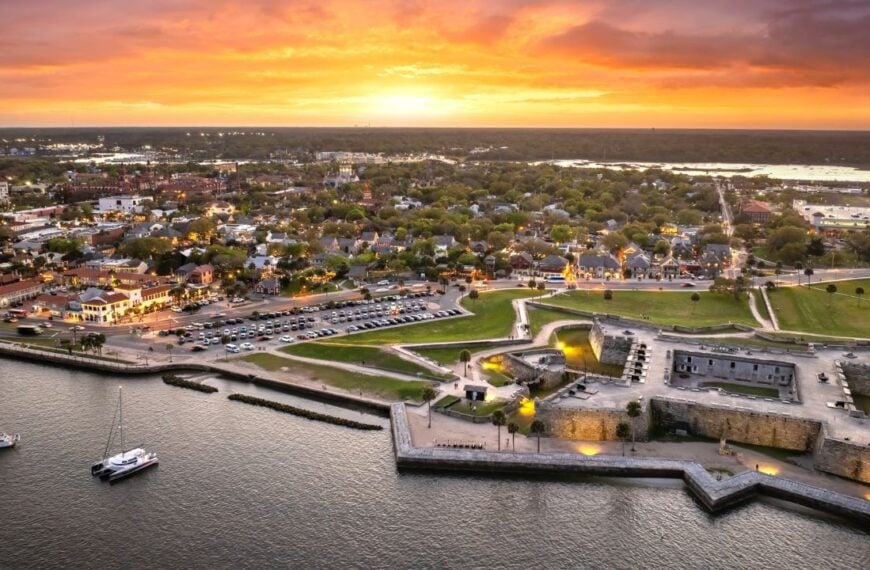 Aerial view of Castillo de San Marcos in St Augustine, Florida at sunset. USA travel destination