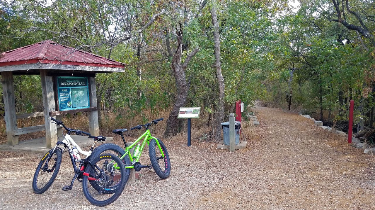 Cedar Hill State Park, Texas, United States - October 24, 2019: Bicycles at the Duck Pond Trail trailhead. Only for editorial use.